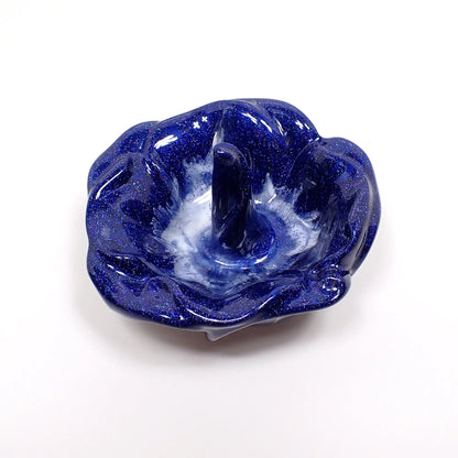 Pearly Dark Blue and White Handmade Resin Flower Ring Dish Holder