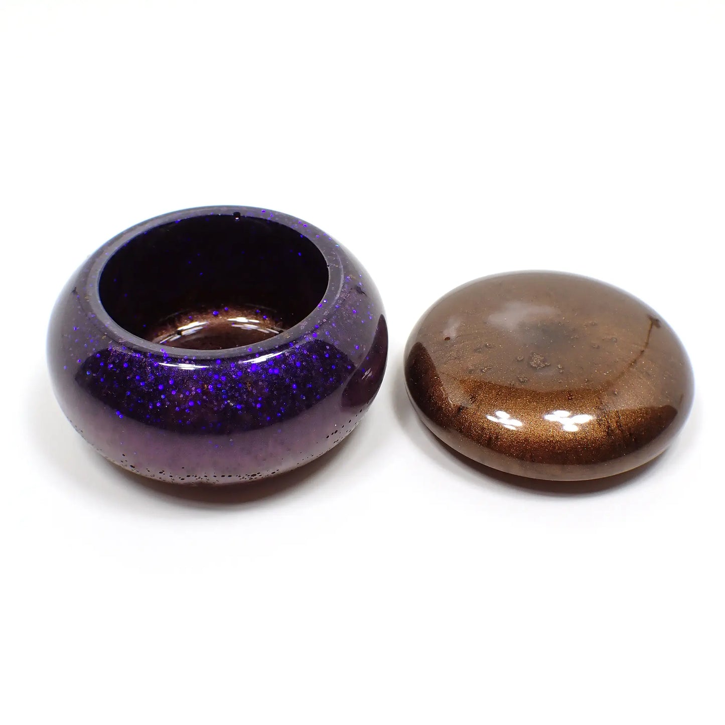 Small Pearly Brown and Purple Resin Handmade Round Trinket Box with Blue Glitter, Decorative Jar