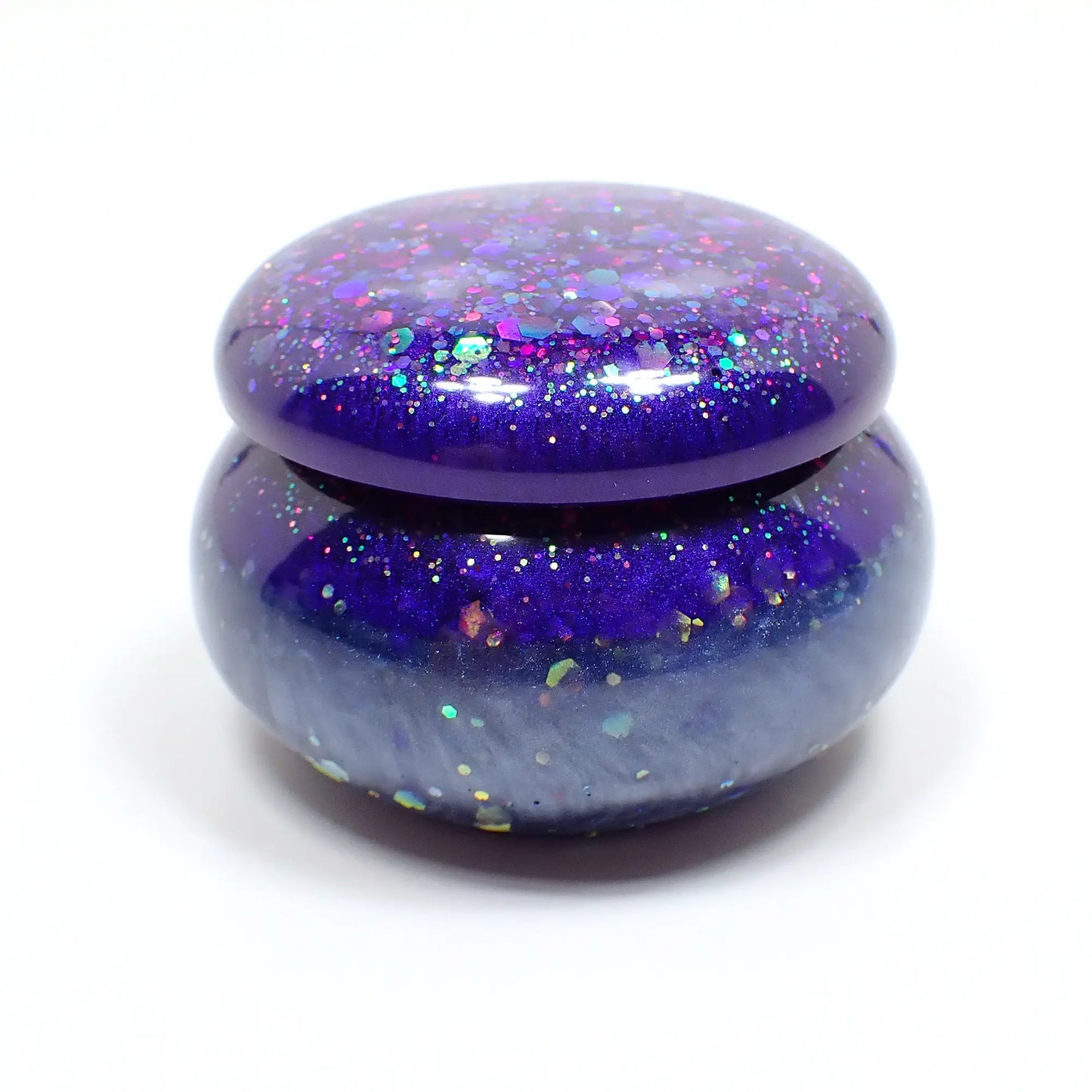 Small Pearly Blue Round Handmade Resin Trinket Box with Purple Chunky Iridescent Glitter, Decorative Jar