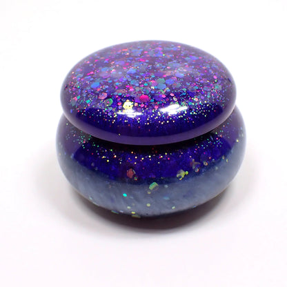 Small Pearly Blue Round Handmade Resin Trinket Box with Purple Chunky Iridescent Glitter, Decorative Jar