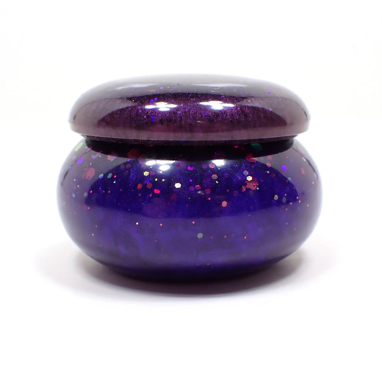 Small Pearly Purple and Blue Resin Handmade Round Trinket Box with Chunky Iridescent Glitter