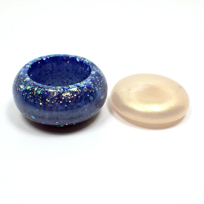 Small Pearly Blue and Golden Off White Resin Handmade Round Trinket Box with Chunky Iridescent Glitter