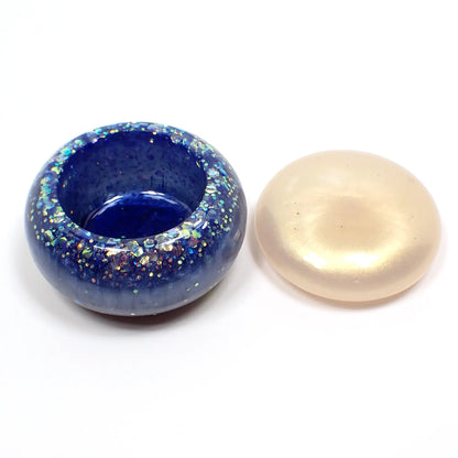 Small Pearly Blue and Golden Off White Resin Handmade Round Trinket Box with Chunky Iridescent Glitter, Decorative Jar