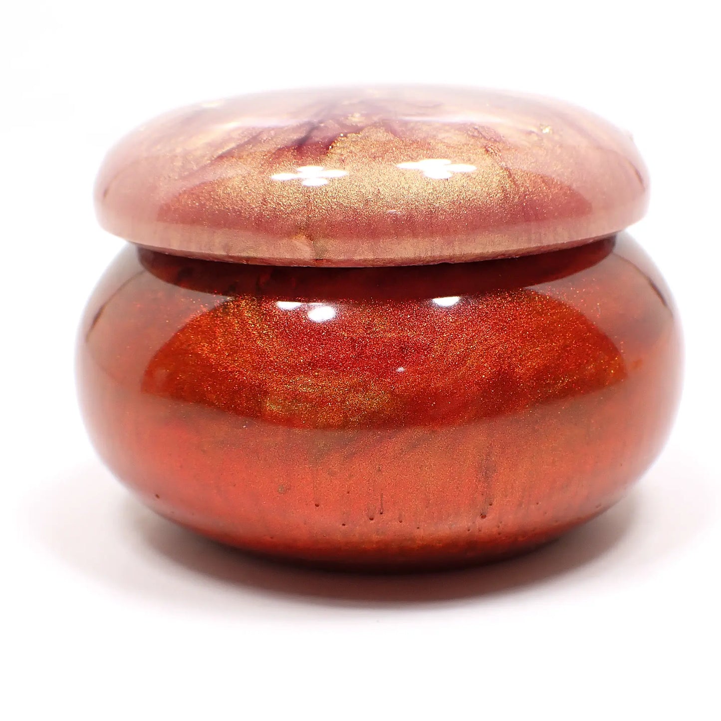 Small Pearly Multi Color Resin Handmade Round Trinket Box with Small Metallic Gold Flakes, Decorative Jar