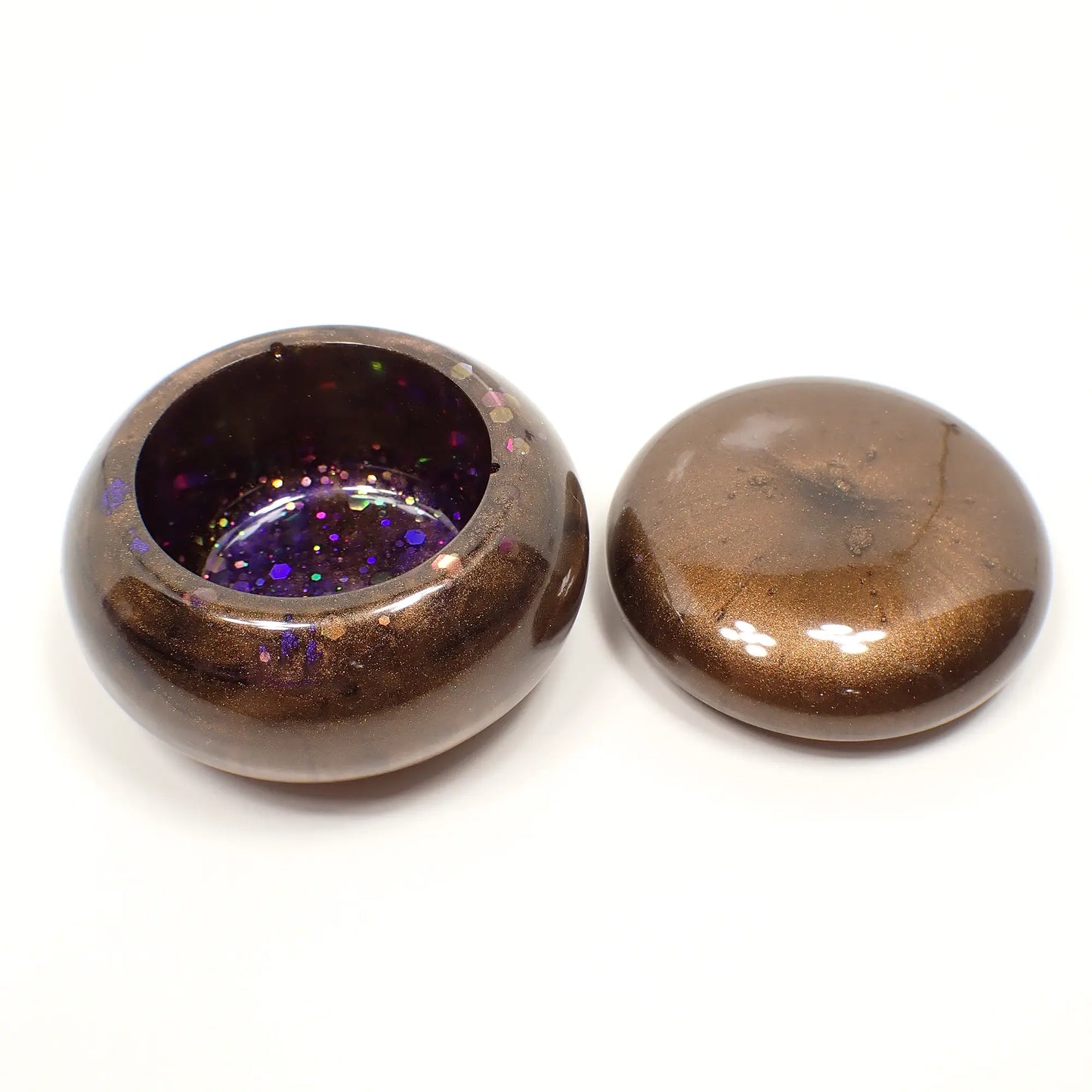 Small Pearly Brown Blue and Purple Resin Handmade Round Trinket Box with Iridescent Purple Glitter, Decorative Jar