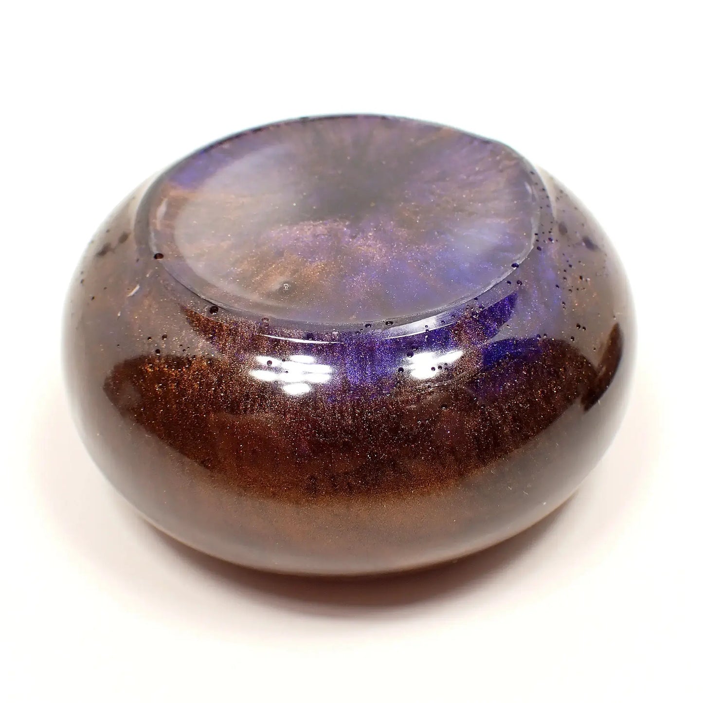 Small Pearly Brown Blue and Purple Resin Handmade Round Trinket Box with Iridescent Purple Glitter