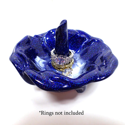 Pearly Dark Blue and White Handmade Resin Flower Ring Dish Holder