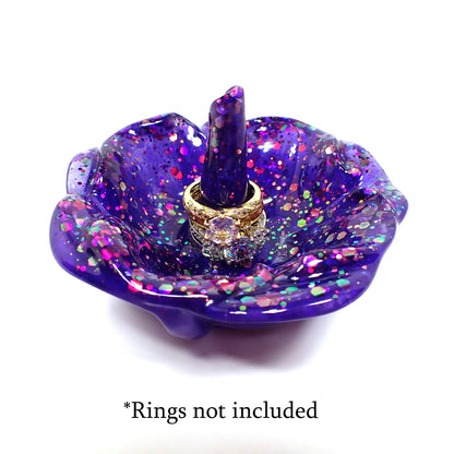 Pearly Blue Handmade Resin Flower Ring Dish Holder with Pink and Purple Iridescent Chunky Glitter