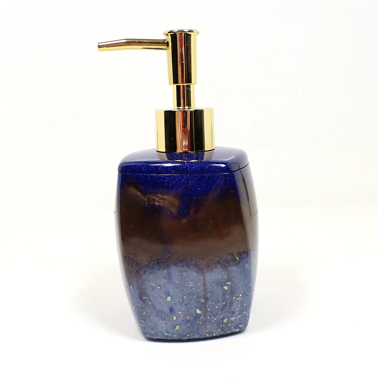 Angled Square Handmade Pearly Blue and Brown Resin Soap Dispenser with Glitter