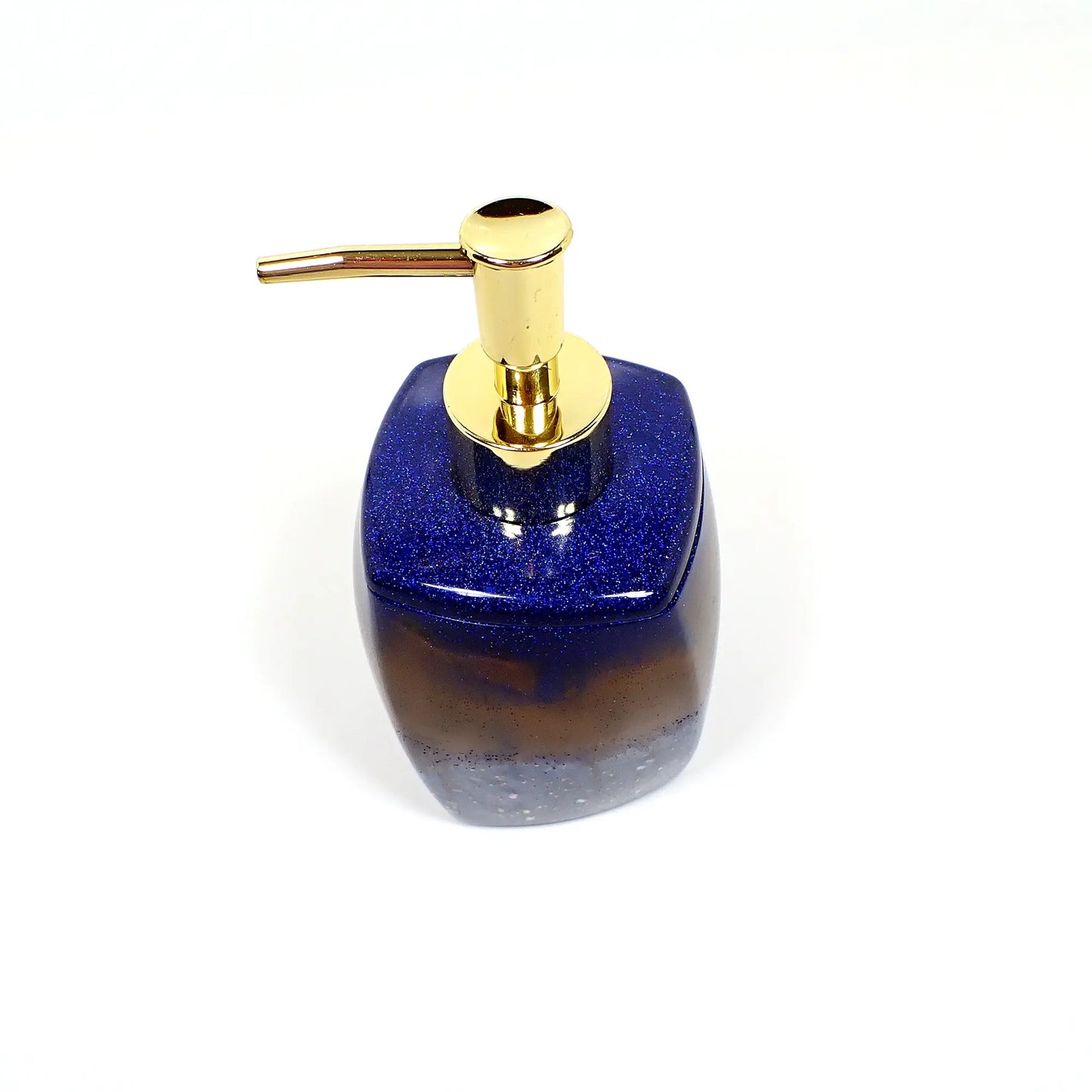 Angled Square Handmade Pearly Blue and Brown Resin Soap Dispenser with Glitter