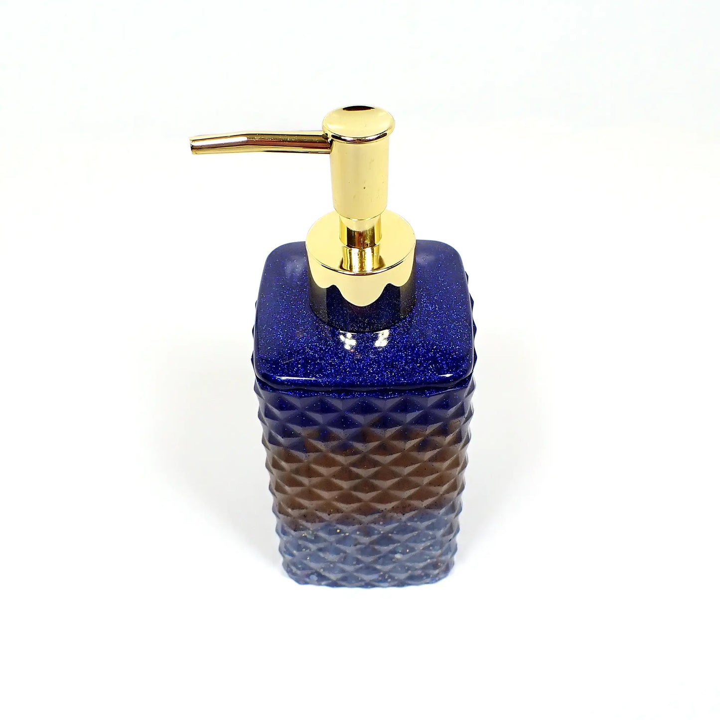 Faceted Square Handmade Pearly Blue and Brown Resin and Glitter Soap Dispenser, Lotion Dispenser