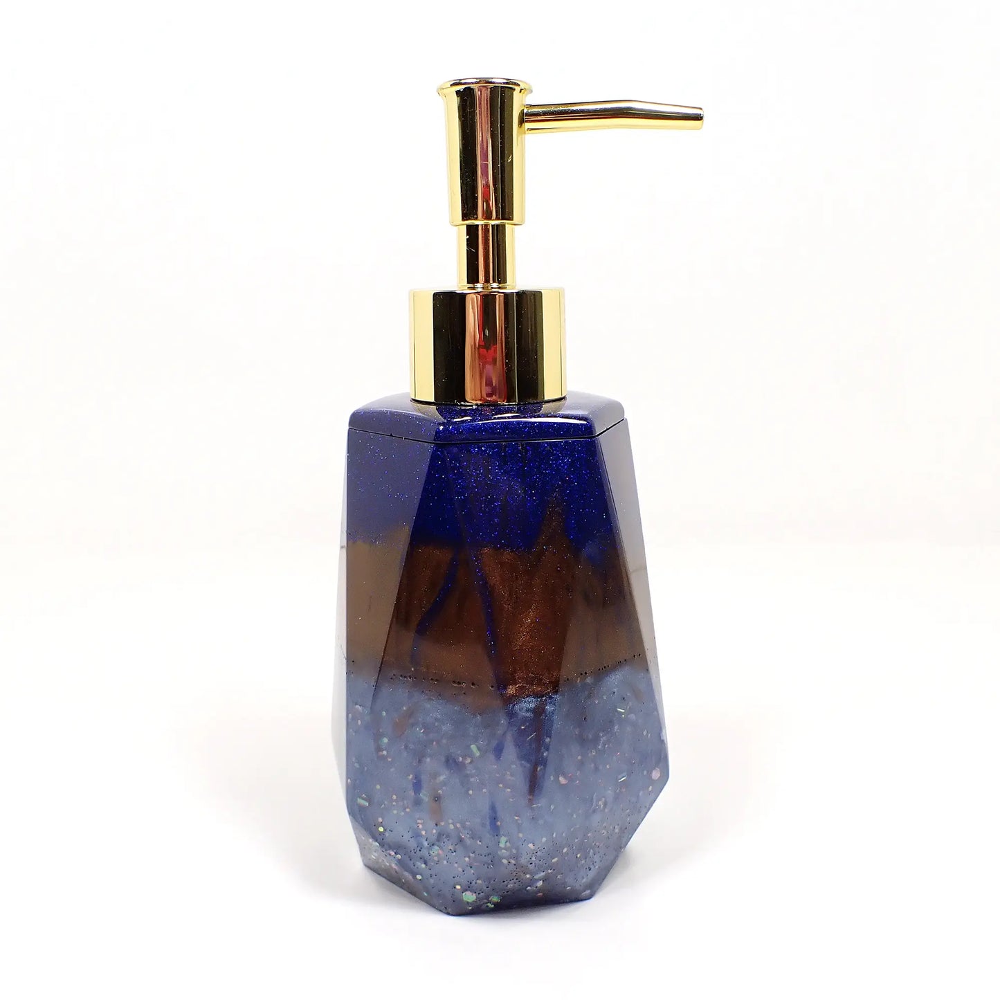 Faceted Handmade Pearly Blue and Brown Resin and Glitter Soap Dispenser, Lotion Dispenser