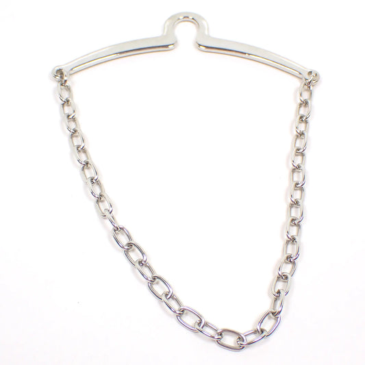 Front view of the retro vintage tie chain. The metal is silver tone in color. There is a bar at the top with a loop to hang it over a button. The chain is oval cable link chain.