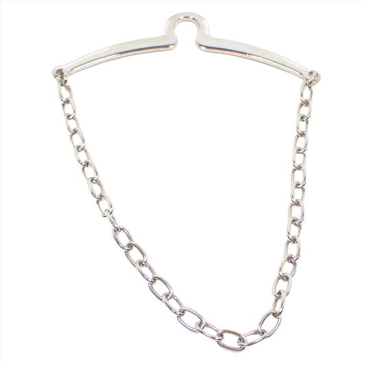 Front view of the retro vintage tie chain. The metal is silver tone in color. There is a bar at the top with a loop to hang it over a button. The chain is oval cable link chain.