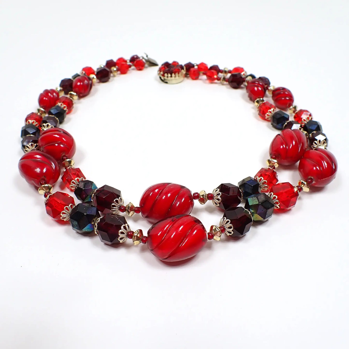 West Germany Chunky Bright and Dark Red Plastic Beaded Vintage Multi Strand Necklace