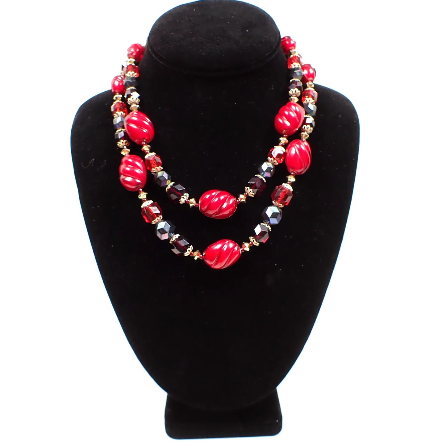 West Germany Chunky Bright and Dark Red Plastic Beaded Vintage Multi Strand Necklace