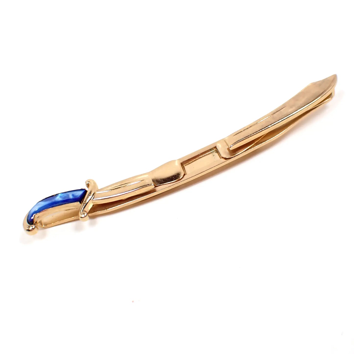 Swank Blue Dyed Mother of Pearl Mid Century Vintage Scimitar Sword Tie Bar