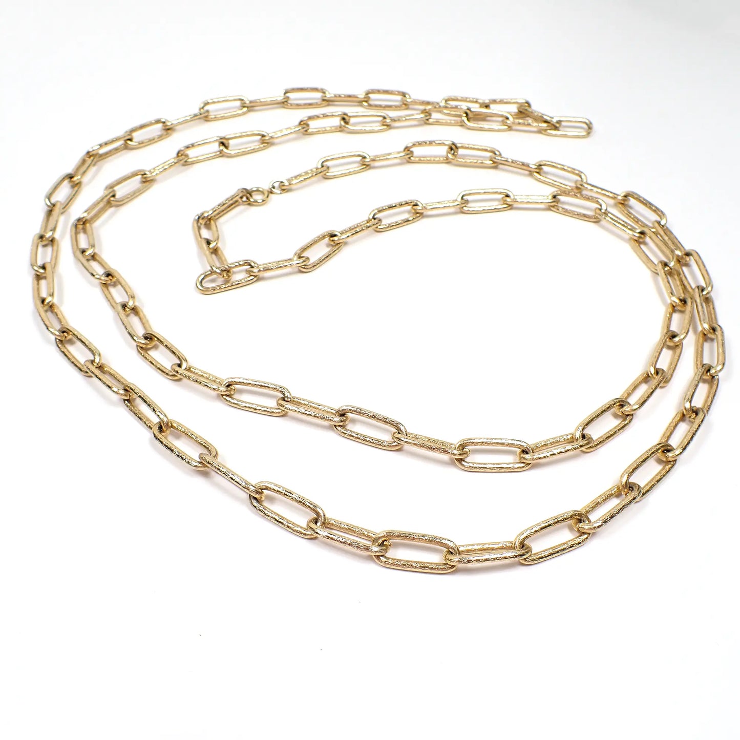 Very Long Textured Gold Tone Oval Link Vintage Cable Chain Necklace