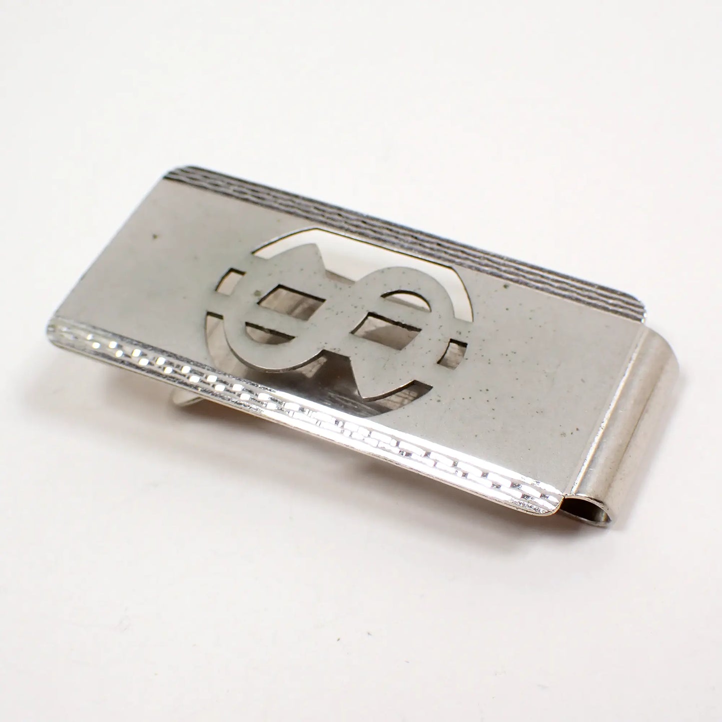 1970s Matte and Shiny Silver Tone Vintage Dollar Sign Money Clip