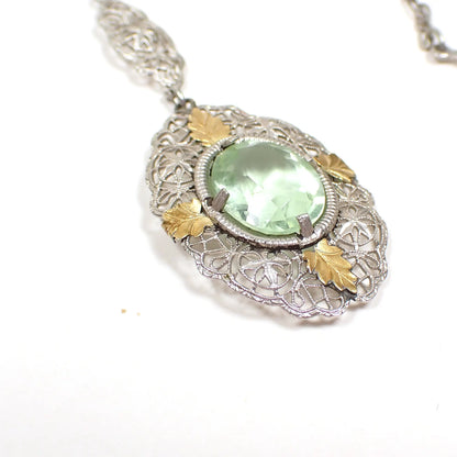 1920's Art Deco Vintage Rhodium Plated Filigree Pendant Necklace with Green Czech Glass