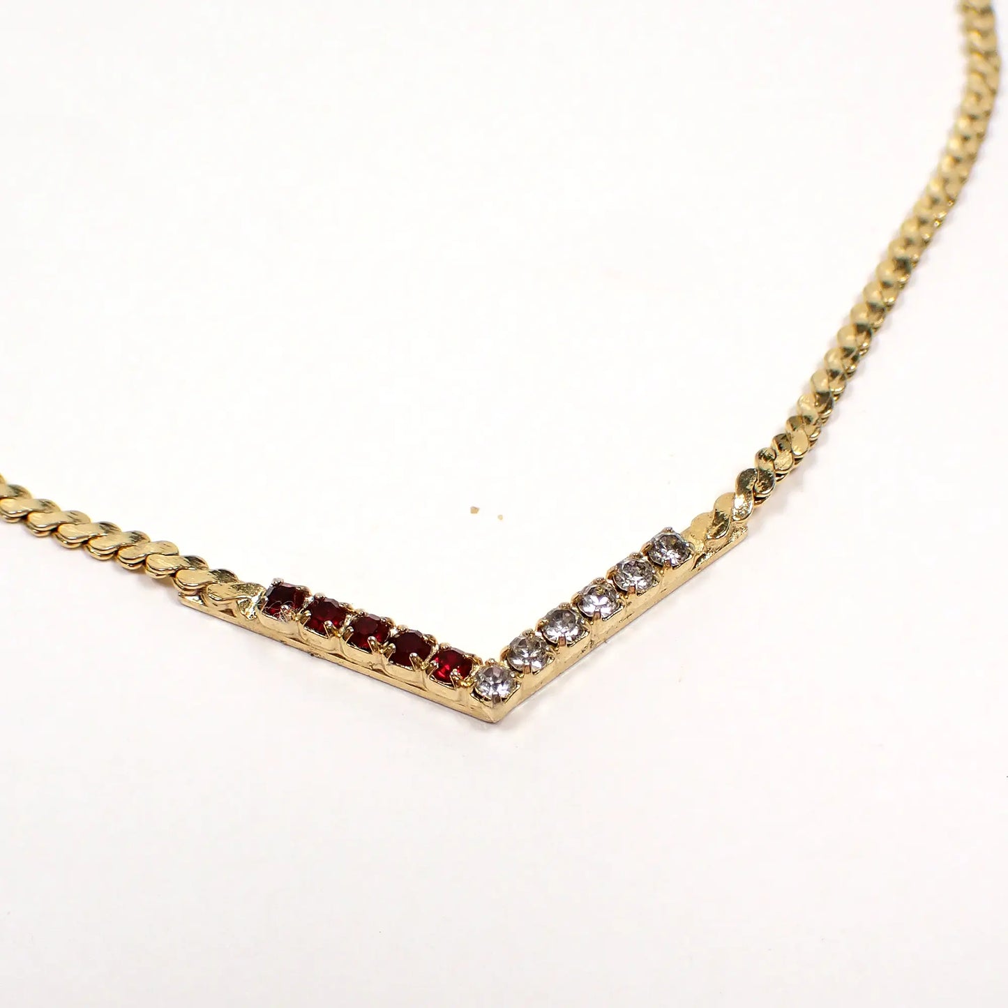 Vintage Clear and Red Rhinestone V Necklace