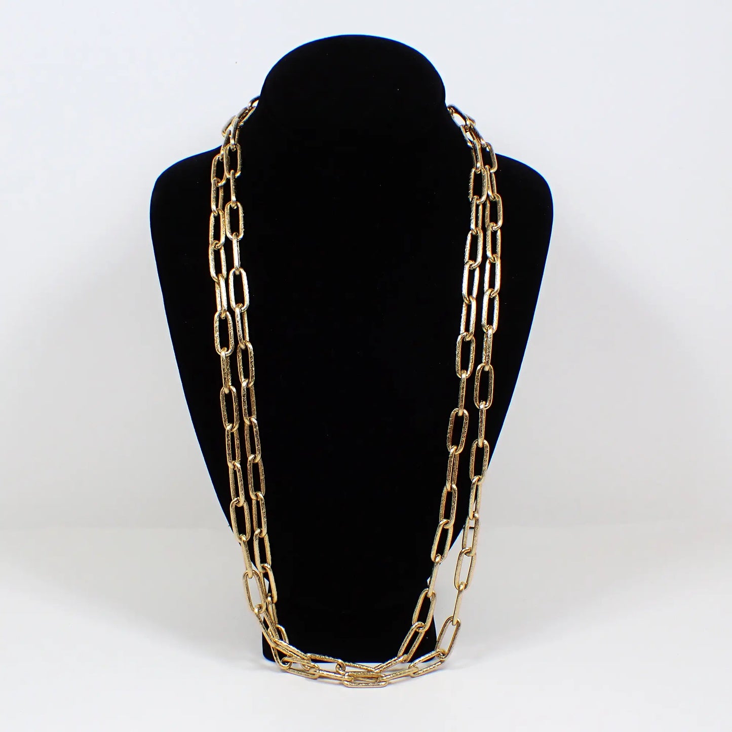 Very Long Textured Gold Tone Oval Link Vintage Cable Chain Necklace