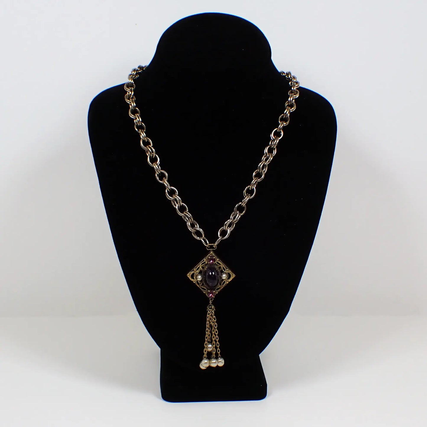 Mid Century Vintage Faux Pearl Rhinestone and Fancy Glass Pendant Necklace with Tassel