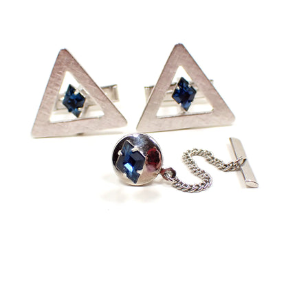 1960's Blue Rhinestone Vintage Men's Jewelry Set, Tie Tack and Cufflinks Cuff Links