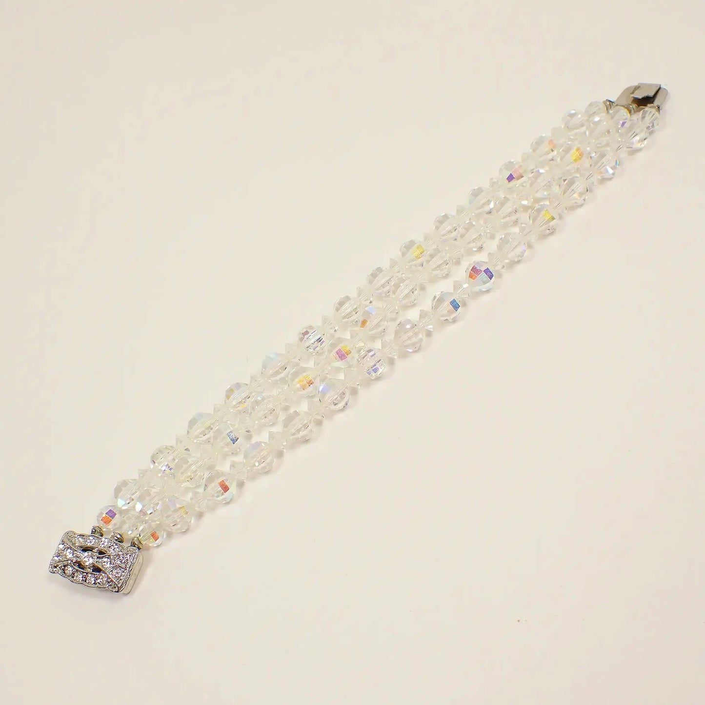 1950's Multi Strand AB Crystal Beaded Vintage Bracelet with Rhinestone Box Clasp