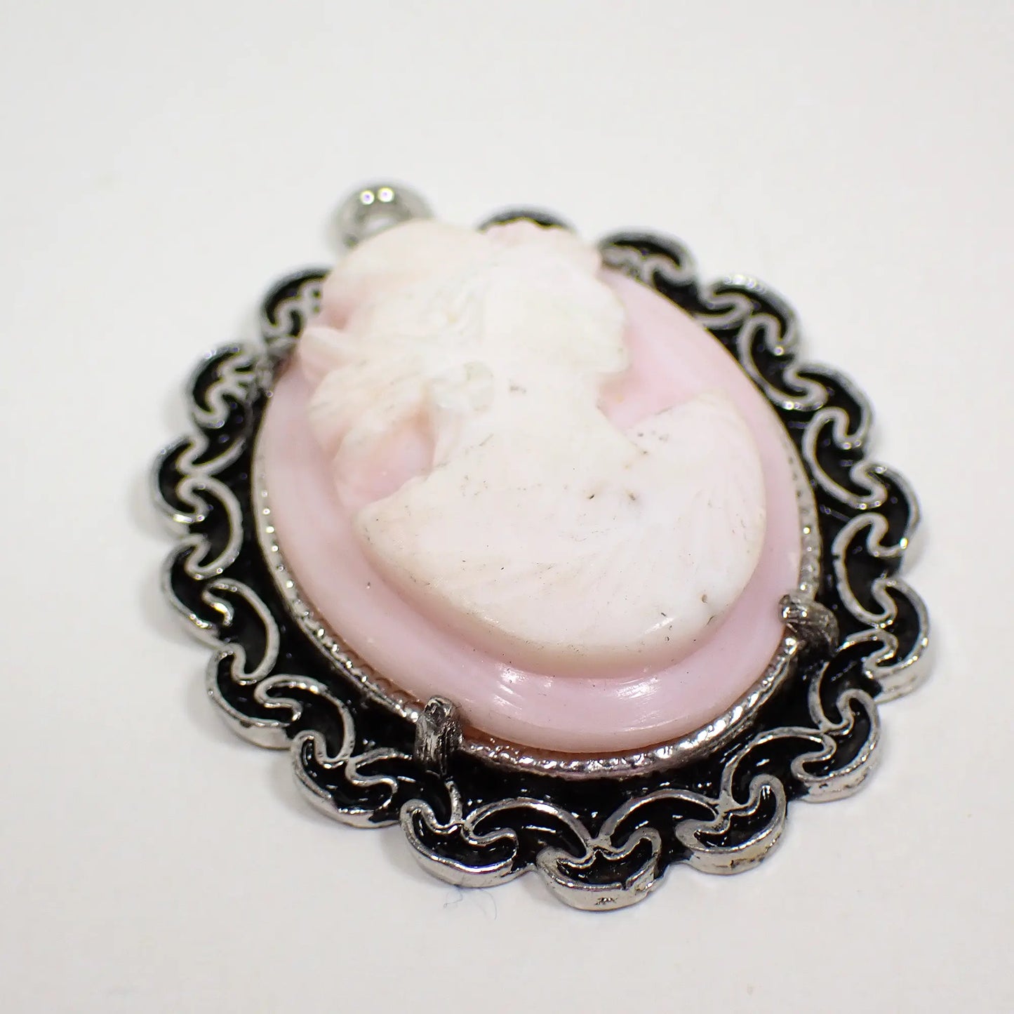 1970's Light Pink and White Glass Vintage Cameo Pendant