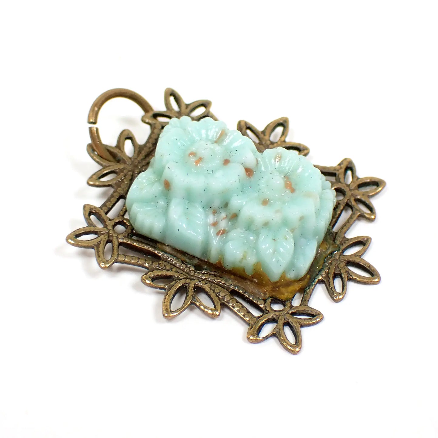 Art Deco Vintage Molded Czech Glass Floral Filigree Pendant