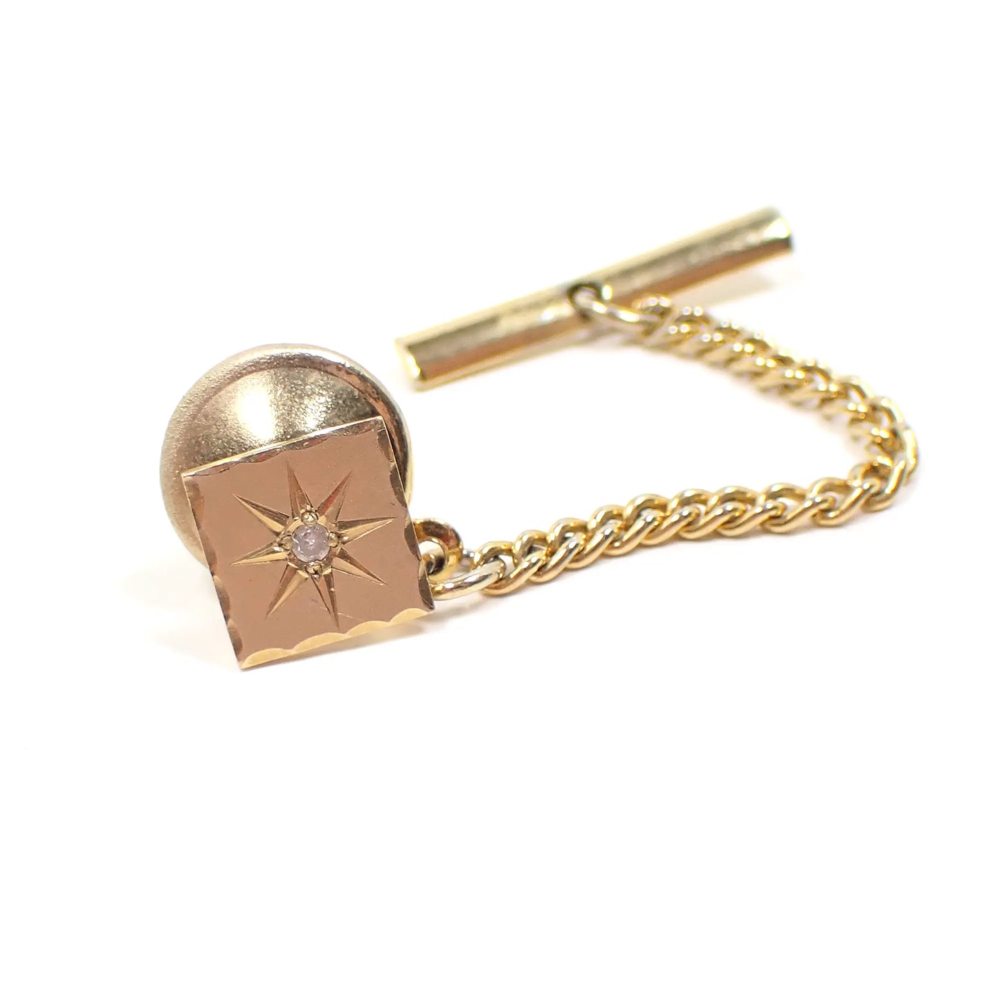 Emmons 14K Gold Front Mid Century Vintage Atomic Starburst Tie Tack with Tiny Diamond Accent Chip