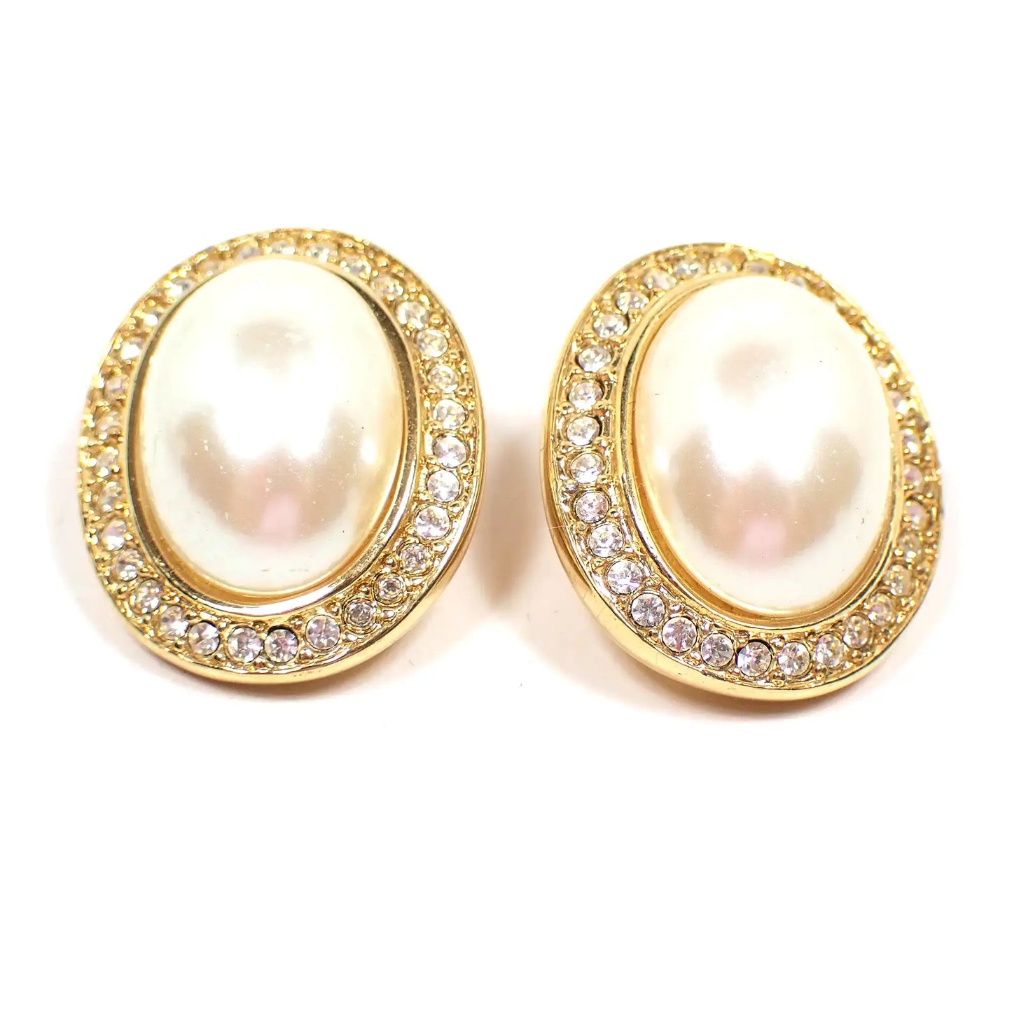 Marvella Faux Pearl and Rhinestone Oval Vintage Clip on Earrings