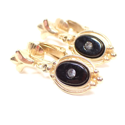 1970's Small Avon Black Glass and Rhinestone Dangle Vintage Clip on Earrings