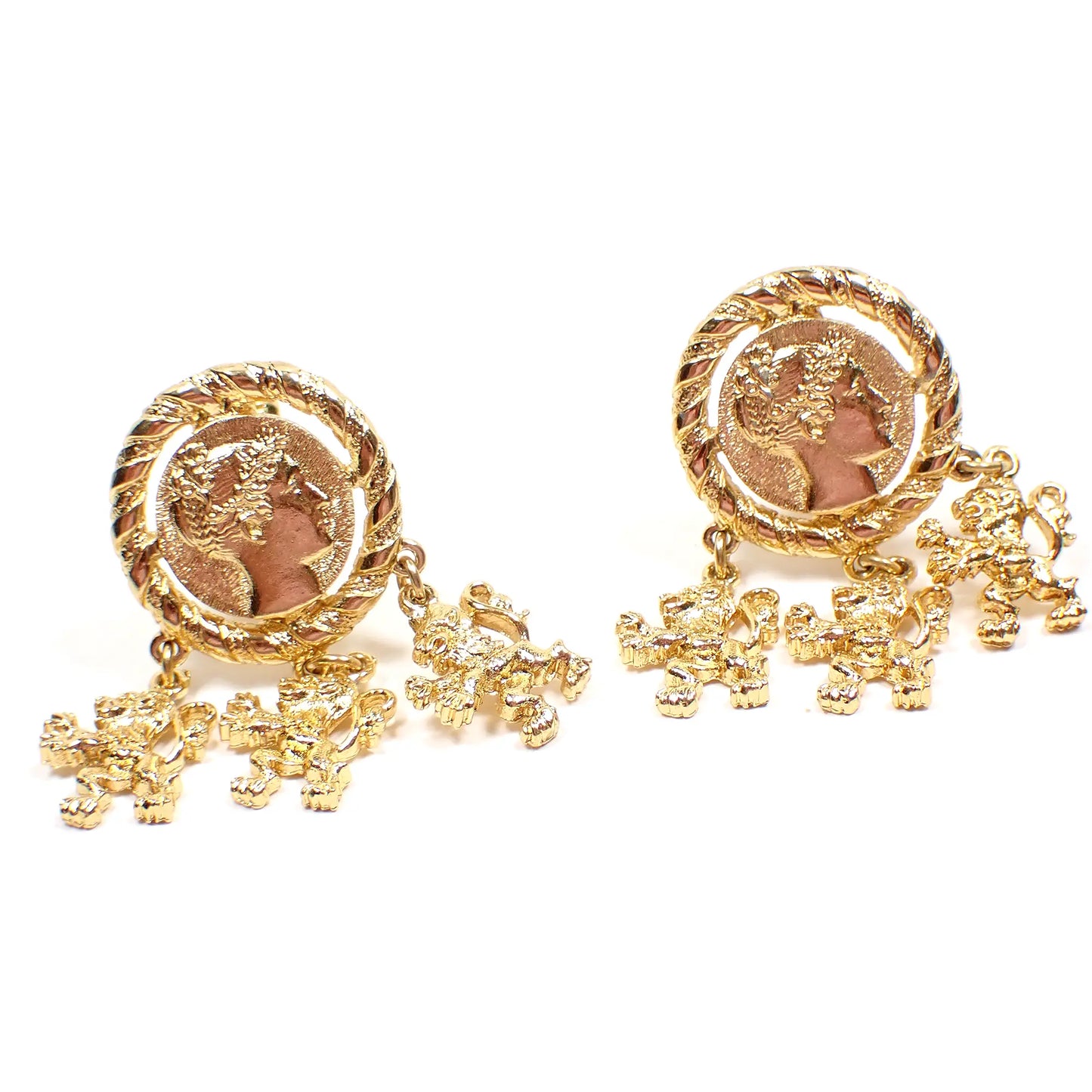 Monet Roman Vintage Clip on Earrings with Roaring Lion Dangles