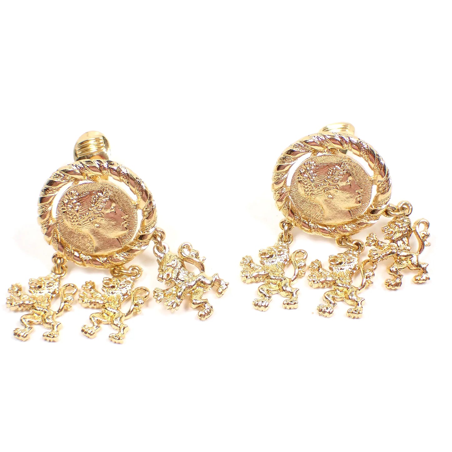 Monet Roman Vintage Clip on Earrings with Roaring Lion Dangles