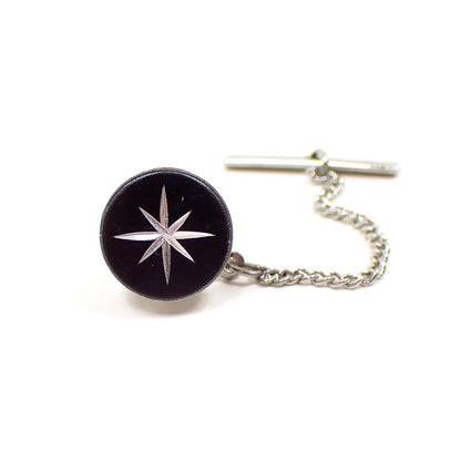 Black Round Mid Century Vintage Tie Tack Pin with Etched Atomic Starburst Design