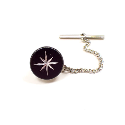 Black Round Mid Century Vintage Tie Tack Pin with Etched Atomic Starburst Design