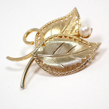Mid Century Vintage Leaf Brooch Pin with Glass Faux Pearl