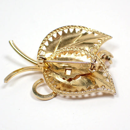 Mid Century Vintage Leaf Brooch Pin with Glass Faux Pearl