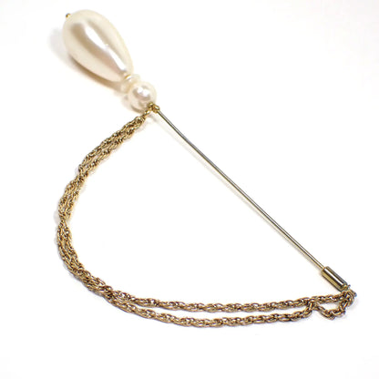 1970s Faux Pearl Beaded Retro Vintage Hat Pin with Chain
