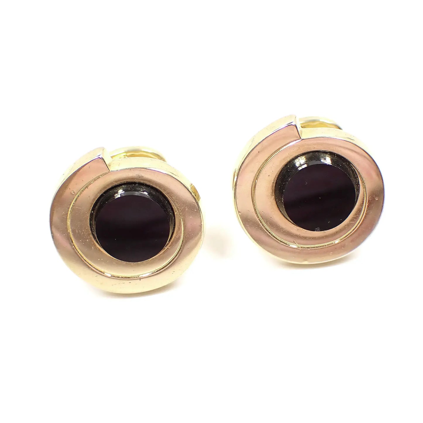 Pierre Cardin Gold Tone and Black Onyx Gemstone Vintage Cufflinks, Round Swivel Bean Back Cuff Links