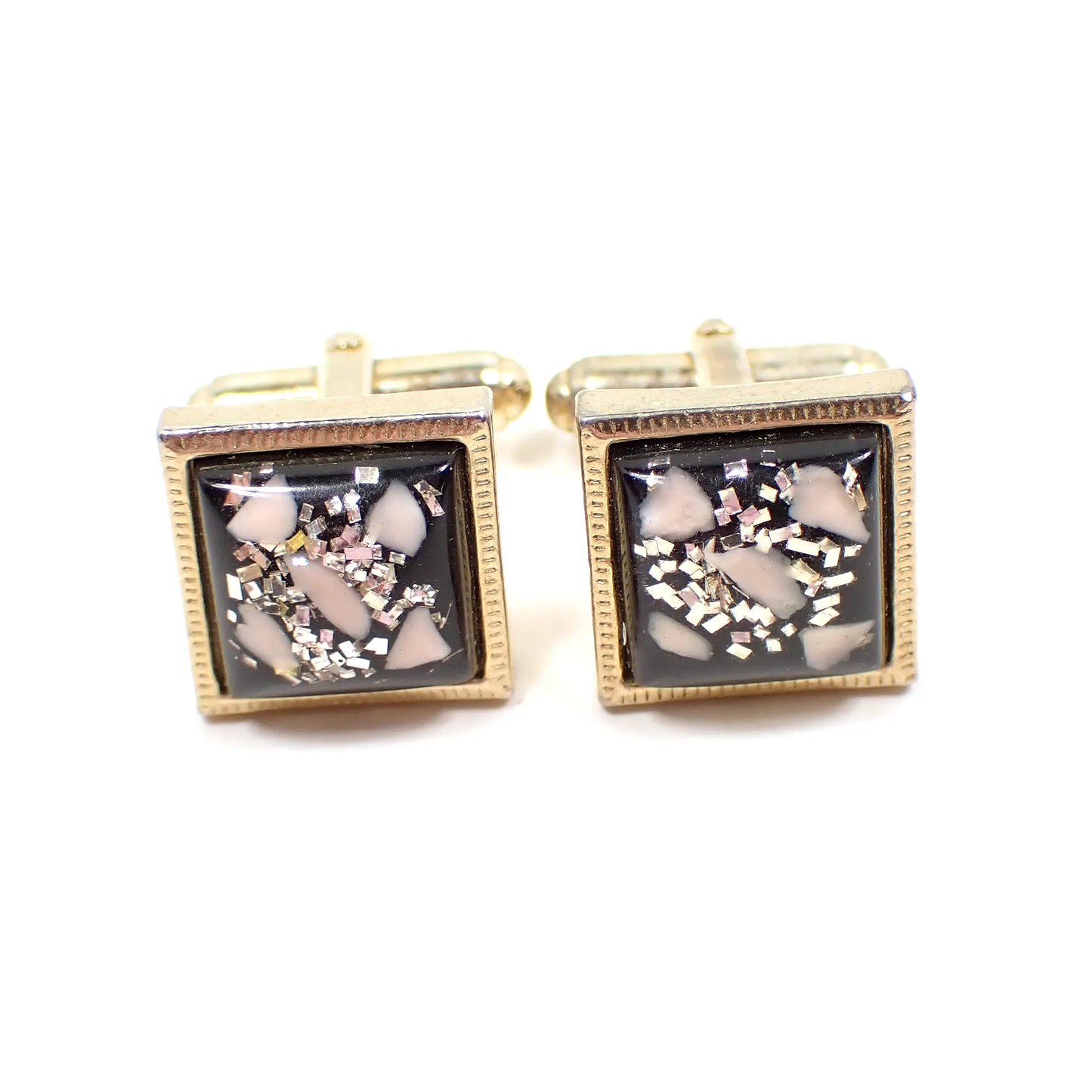 Mid Century Vintage Cufflinks, Anson Confetti Lucite Domed Square Cuff Links