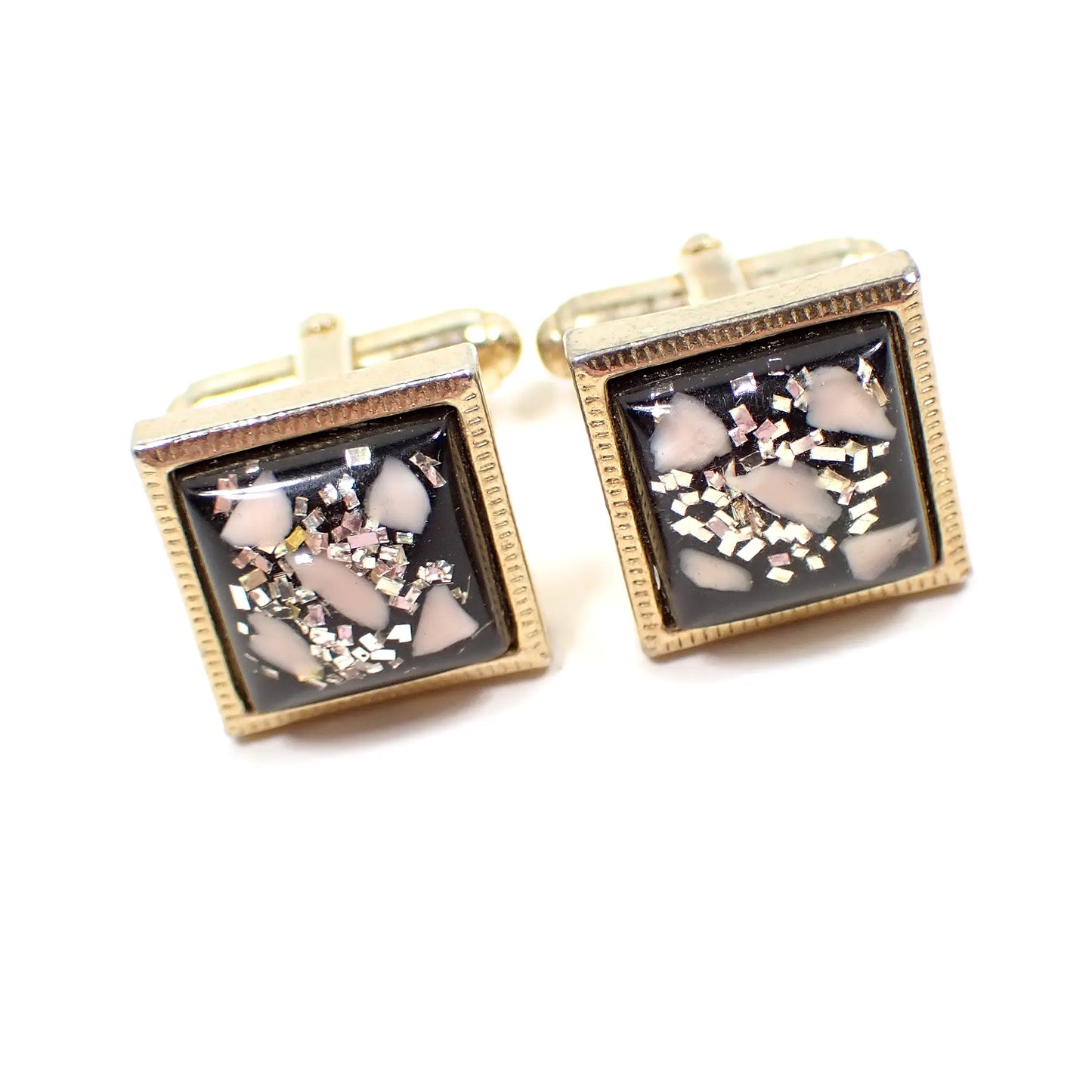 Mid Century Vintage Cufflinks, Anson Confetti Lucite Domed Square Cuff Links