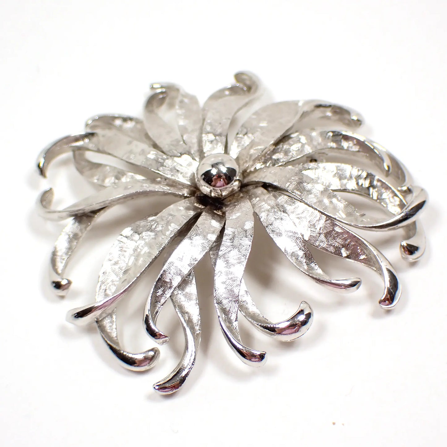 Large Brushed Matte Silver Tone Vintage Flower Brooch Pin