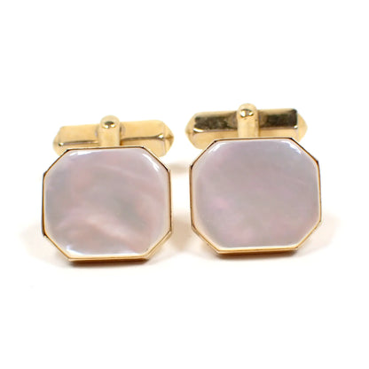 Swank Mother of Pearl Shell Mid Century Vintage Cufflinks, Pearly White Octagon Angle Back Cuff Links