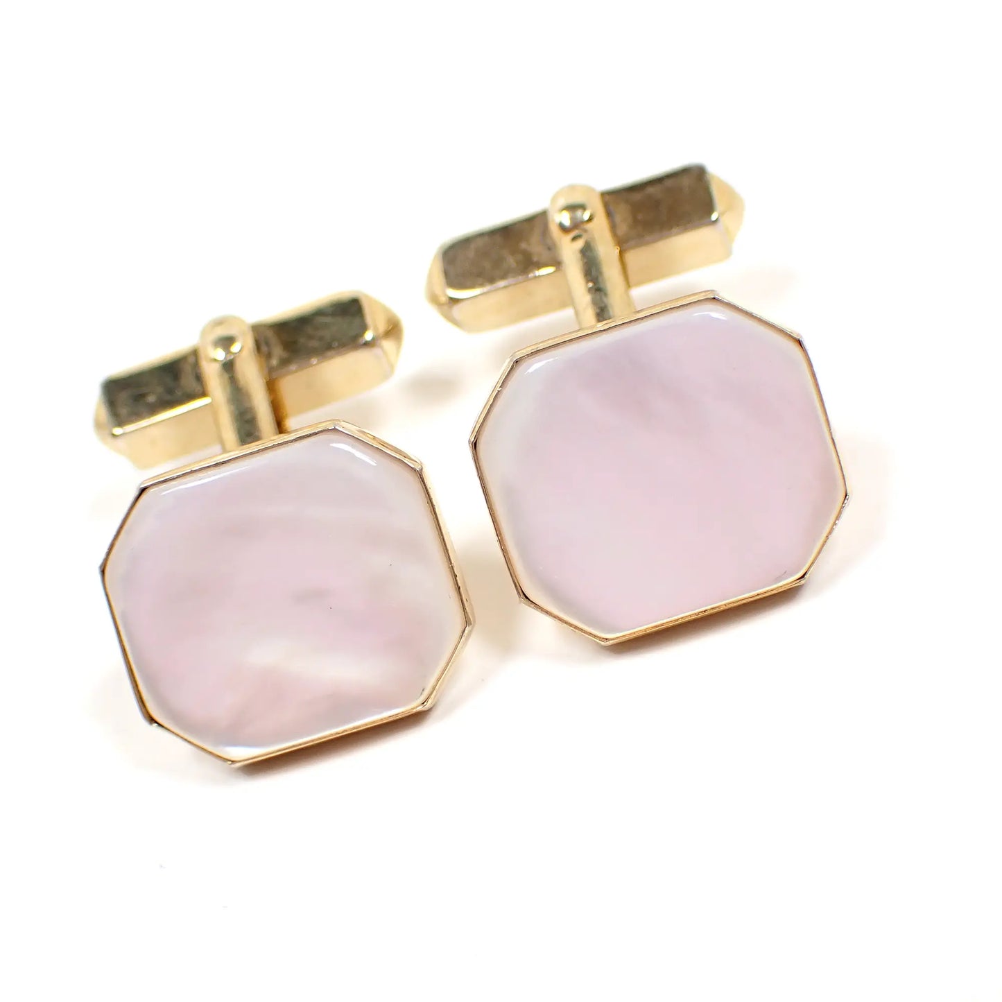 Swank Mother of Pearl Shell Mid Century Vintage Cufflinks, Pearly White Octagon Angle Back Cuff Links