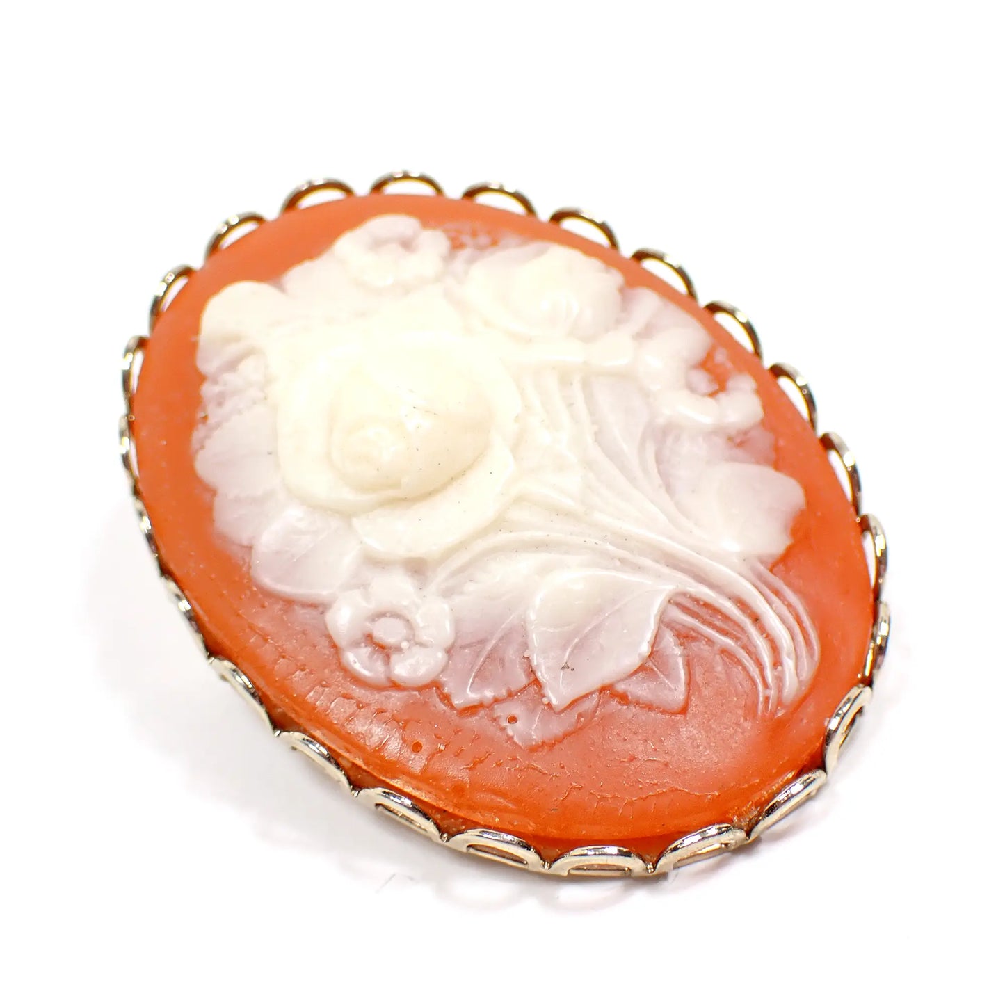 Salmon Orange and Off White Yellow Molded Plastic Oval Vintage Flower Cameo Brooch Pin