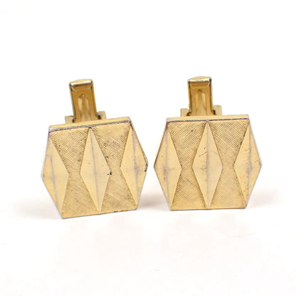 1960's Atomic Mid Century Vintage Cufflinks, Gold Tone Hexagon and Diamond Shape Geometric Cuff Links