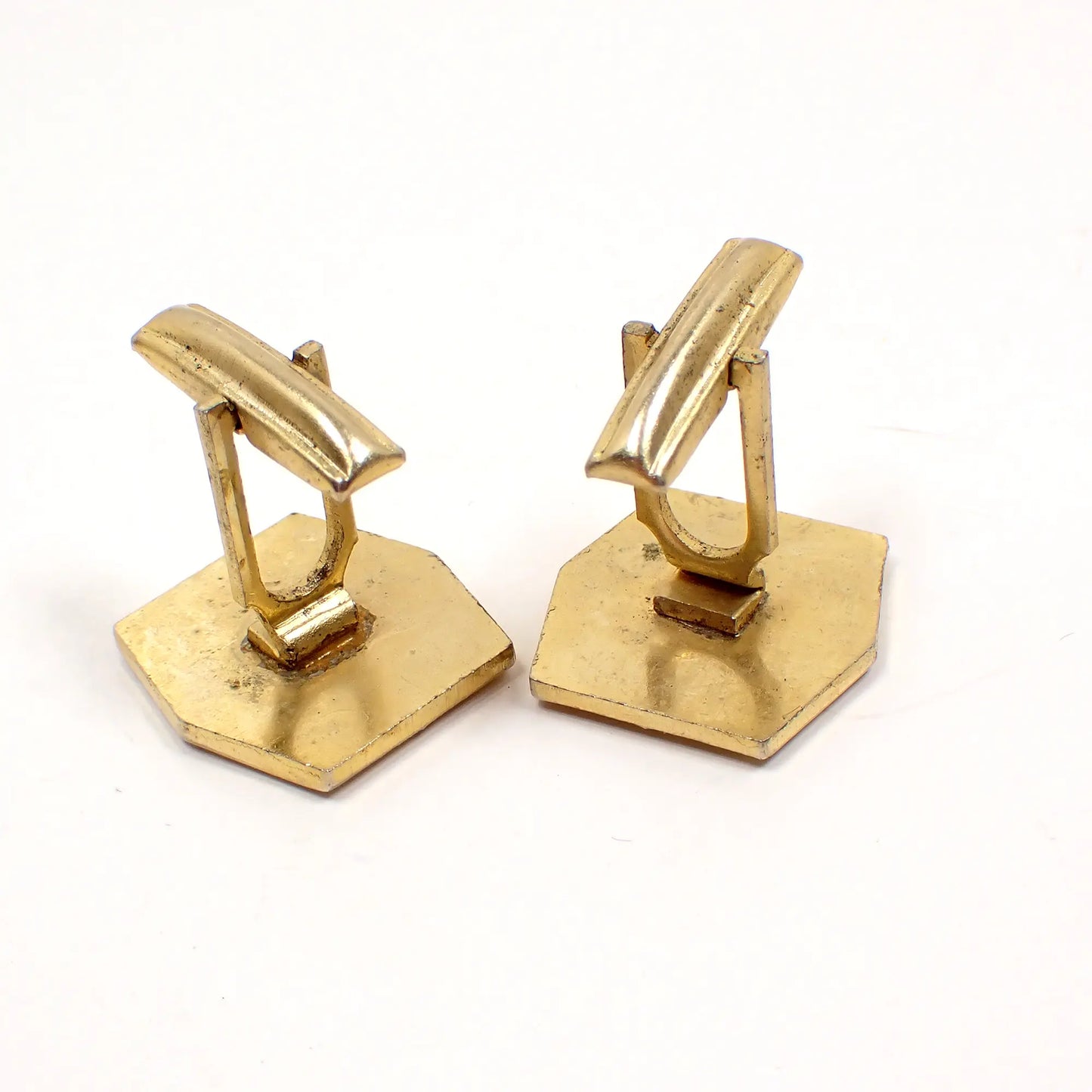 1960's Atomic Mid Century Vintage Cufflinks, Gold Tone Hexagon and Diamond Shape Geometric Cuff Links